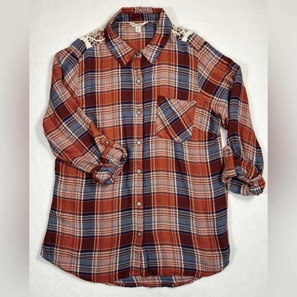 LINDA ANDERSON Cowgirl Core Orange/Blue Plaid Flannel with Crochet Back Size‎ S